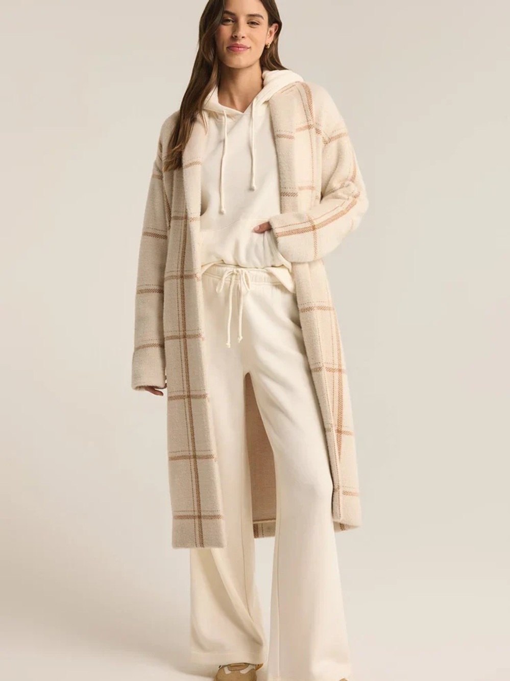 Z Supply Cream Plaid Open-Front Cardigan